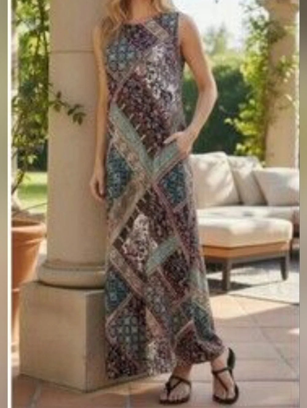 J. Jill Mixed-Print Sleeveless Stretchy Knit Maxi Dress Pockets
